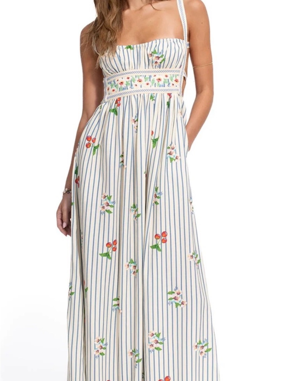 Agua Bendita Striped Floral Maxi Dress with Spaghetti Straps - White/Blue
